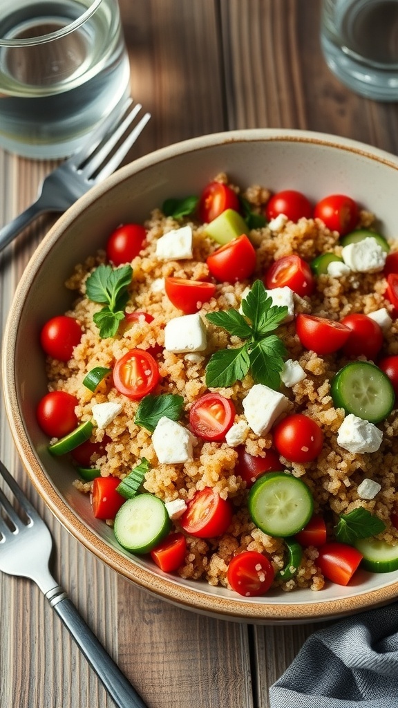 Mediterranean Quinoa Salad Recipe A vibrant Mediterranean quinoa salad with tomatoes, cucumbers, parsley, and feta cheese in a bowl on a rustic table.
